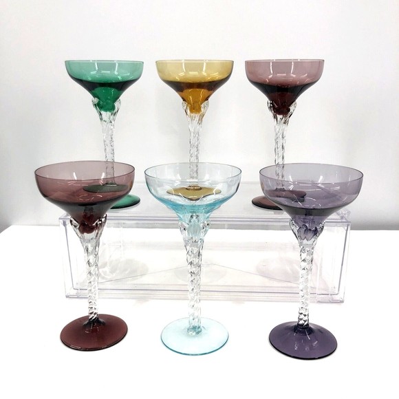Champagne Wine Coupe Glasses Multicolored Twisted Stems 4oz Midcentury Set 6 VTG